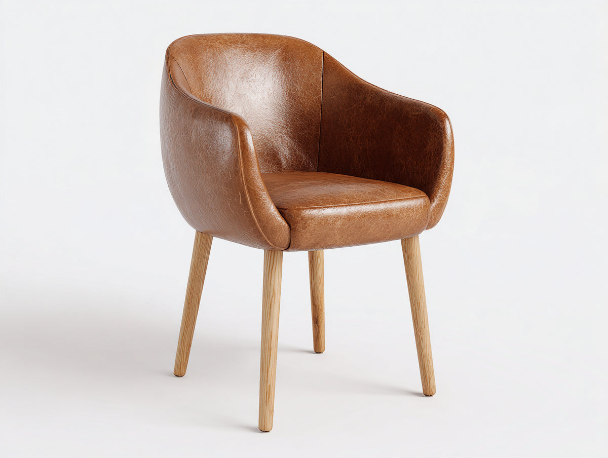 Silla de comedor de cuero sintético 61x60x82 cm - Marrón claro-Marrón natural - Con reposabrazos y patas de madera
