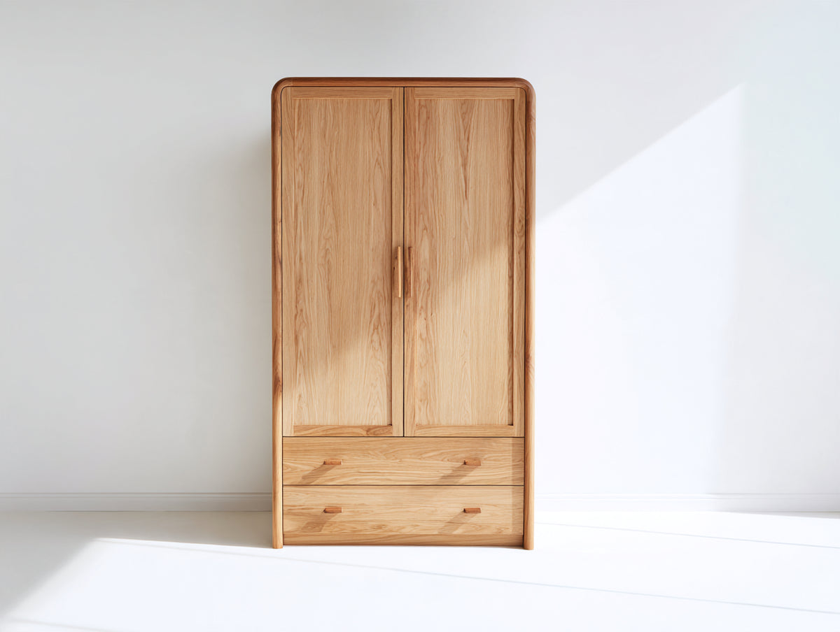 Armario de 2 puertas 100x50x180 cm - acabado madera natural - con 2 cajones y diseño de líneas redondeadas